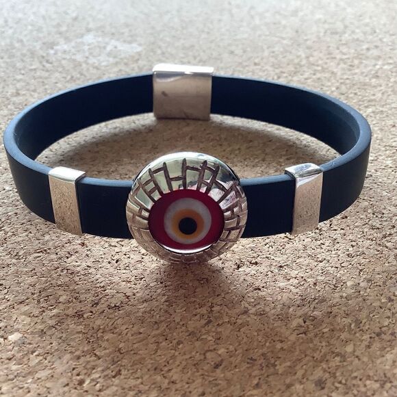 STERLING SILVER 925 SILICONE BLACK BAND RED EVAL EYE GOOD LUCK BRACELET STERLING - Picture 7 of 9